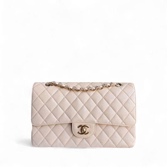 Chanel Classic Flap Medium - Caviar 25CM Quilted Grained Calfskin Beige Gold Hardware Series 13
