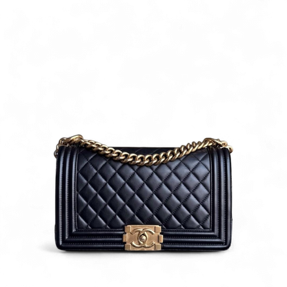 Chanel Boy Medium - 25CM Quilted Lambskin Black Gold Hardware Series 18