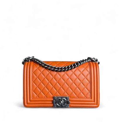 Chanel Boy Medium - 25CM Quilted Lambskin Orange Ruthenium Silver Hardware Series 20