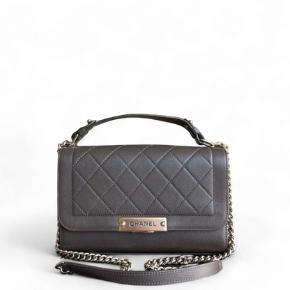 Chanel Label Click Medium - 25CM Quilted Calfskin Dark Olive Green Gold Hardware Series 23