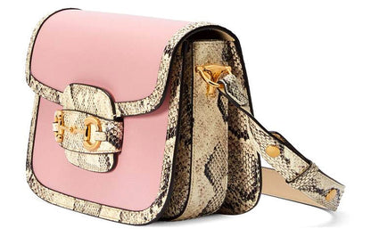 (WMNS) GUCCI Horsebit 1955 Retro Gold buckle snake pattern Colorblock Leather Shoulder Messenger Bag Small Pink / Beige 602204-18YMA-5567