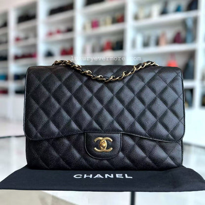 Chanel Classic Flap Jumbo - Caivar 30CM Quilted Black Gold Hardware Series 13