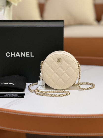 CHANEL ROUND CAKE BAG WHITE CALFSKIN WITH GOLD CHAIN