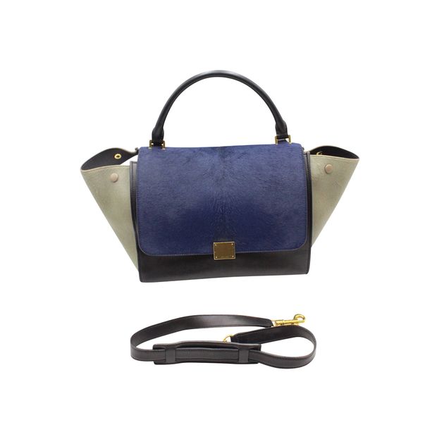 Celine Dark Blue/ Black/ Khaki Trapeze Bag In Calf Hair