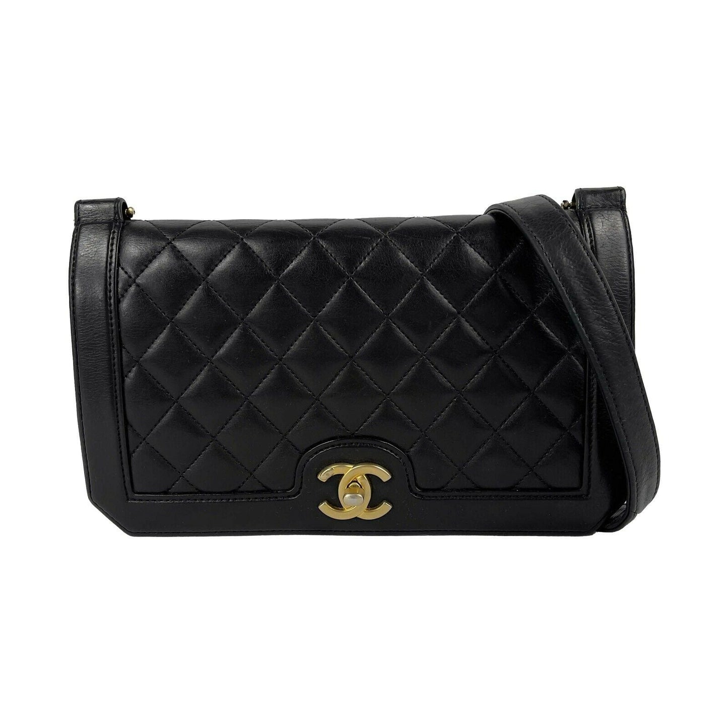 CHANEL - Black Quilted Diamond New - CC Calfskin 3 Ring Crossbody
