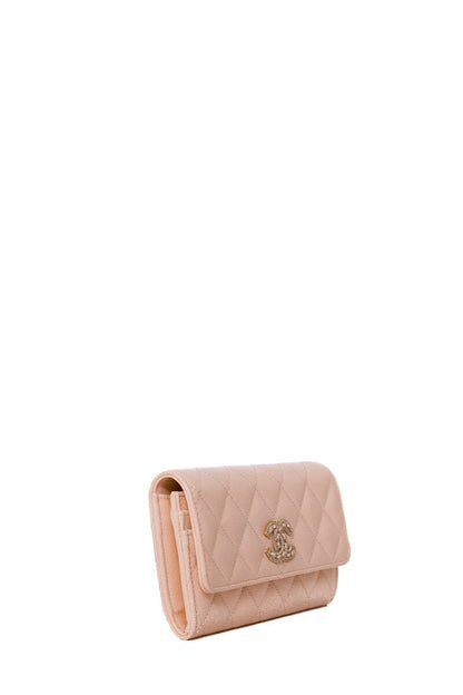 Chanel Light Pink Caviar  Quilted Crystal CC Large Gusset Flap  Wallet