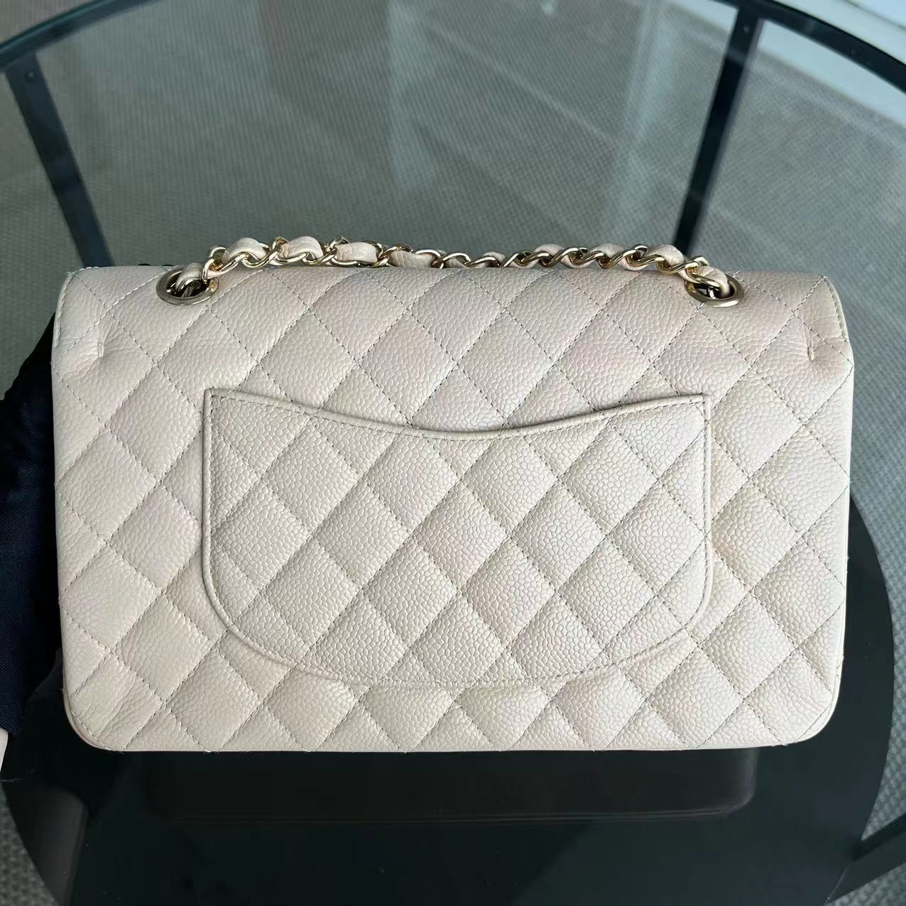 Caviar Double Flap Quilted Grained Calfskin Beige Golden Hardware Series 15