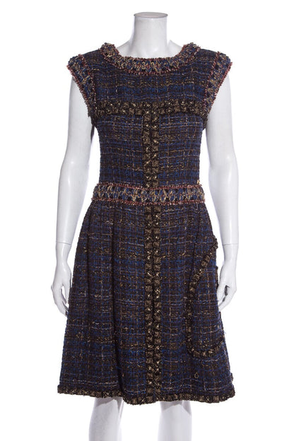 Chanel Blue/Gold 2013 tweed sleeveless dress SZ 36