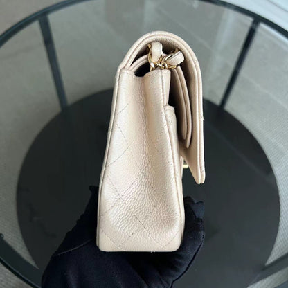 Caviar Double Flap Quilted Grained Calfskin Beige Golden Hardware Series 15