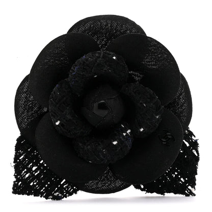 Tweed Fabric Camellia Pin Brooch Black