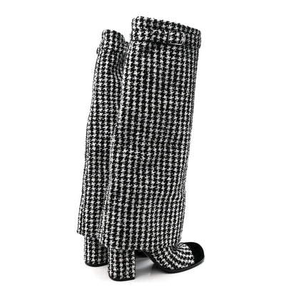 Tweed Sequin Velvet Cap Toe Fold Over High Boots 38.5 White Black
