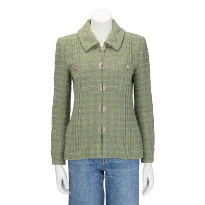 Chanel Sage Green Fantasy Tweed Zip Front Jacket FR 40