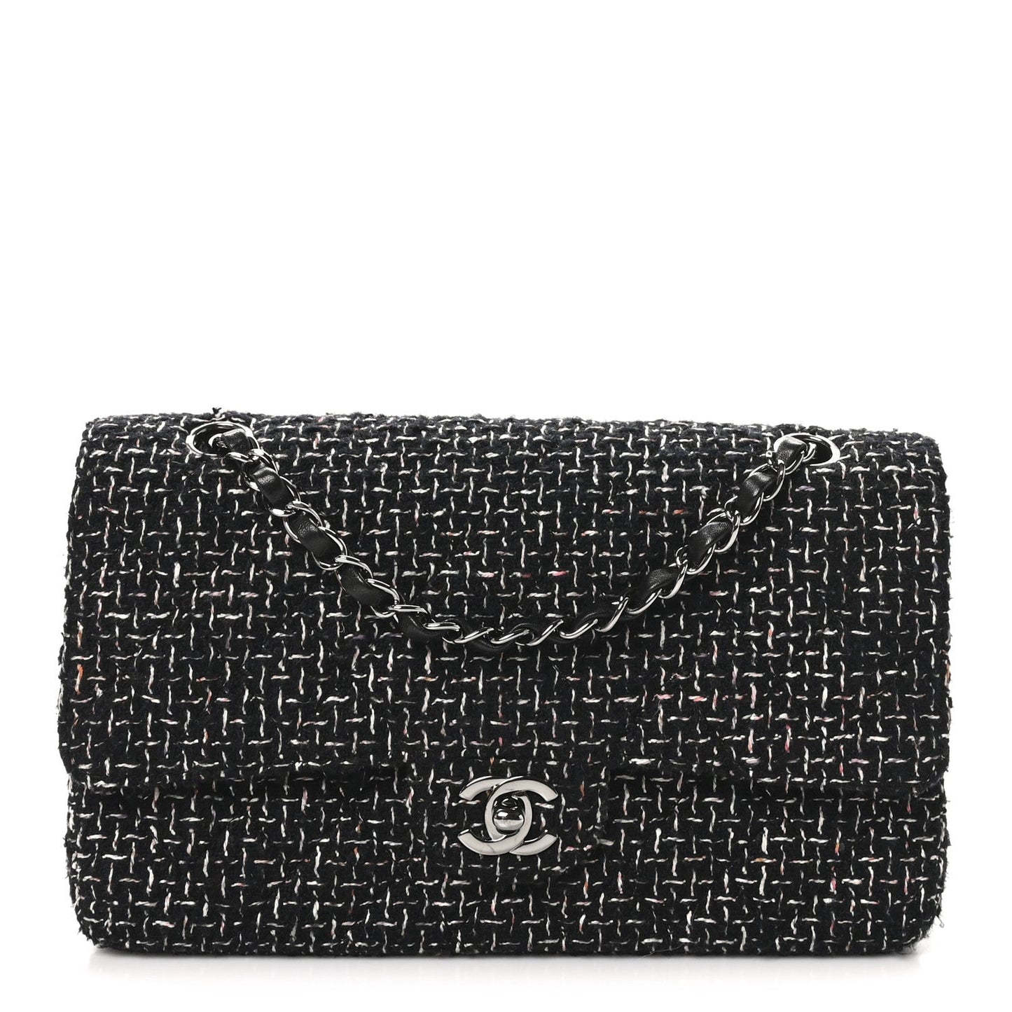 Tweed Quilted Medium Double Flap Black Multicolor