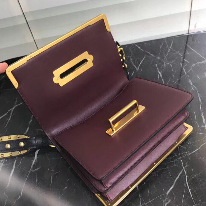 Prada Cahier Shoulder Bag In Bordeaux/Black Leather