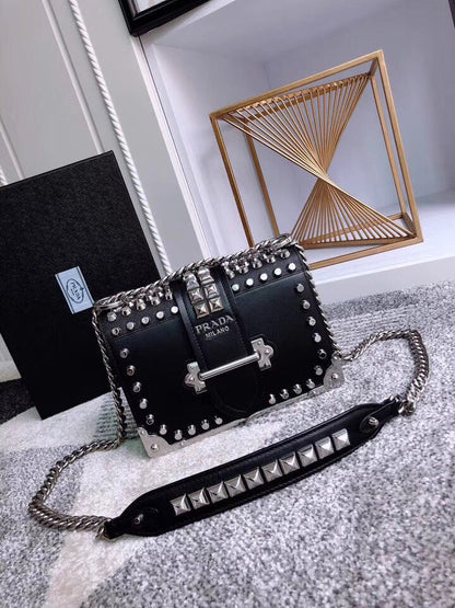 Prada Cahier Studded Leather Shoulder Bag