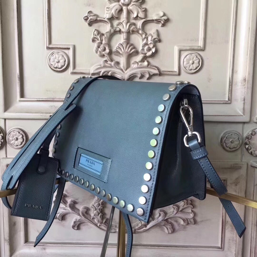 Prada Etiquette Bag In Blue Calfskin With Metal Stud Trim