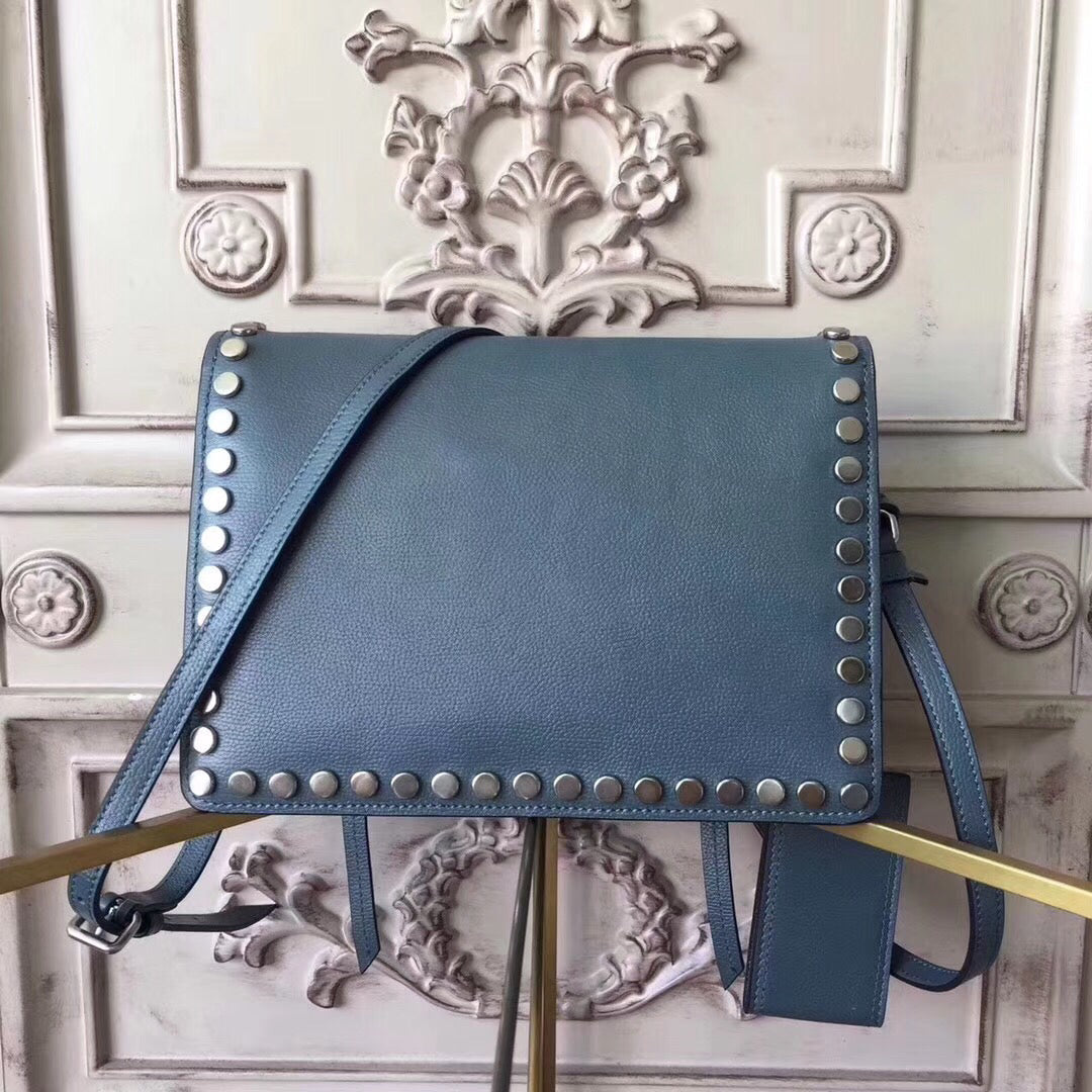 Prada Etiquette Bag In Blue Calfskin With Metal Stud Trim