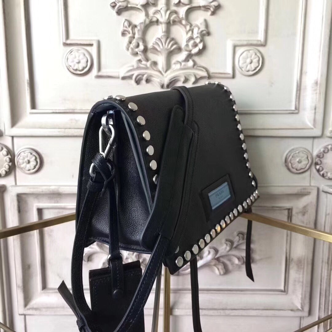 Prada Etiquette Bag In Black Calfskin With Metal Stud Trim