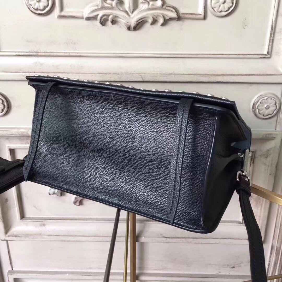 Prada Etiquette Bag In Black Calfskin With Metal Stud Trim