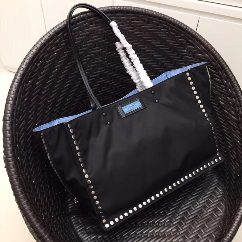 Prada Black Etiquette Fabric Tote With Metal Stud Trim