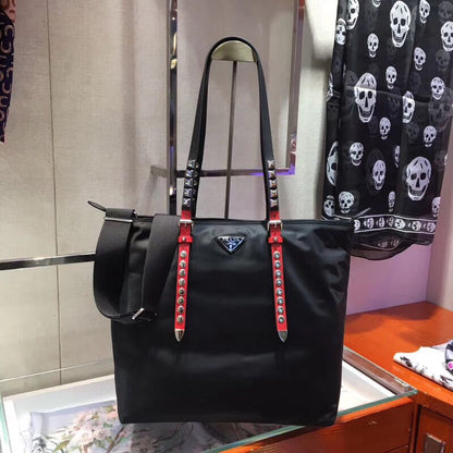 Prada Black Nylon Tote Bag With Studded Handles