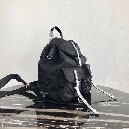 Prada Black Nylon Backpack With White Metal Studs