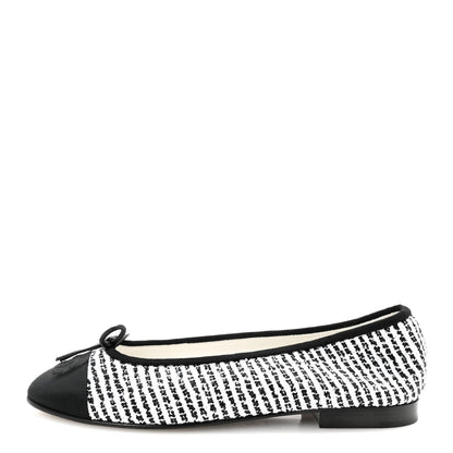 Tweed Sequin Grosgrain Cap Toe Ballerina Flats 39 Black White