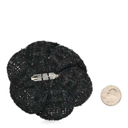 Tweed Camellia Pin Brooch Black Gray