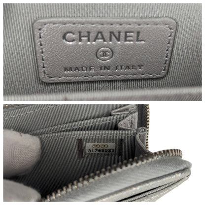 Chanel Metallic Silver Caviar Quilted Zip Coin Purse Wallet