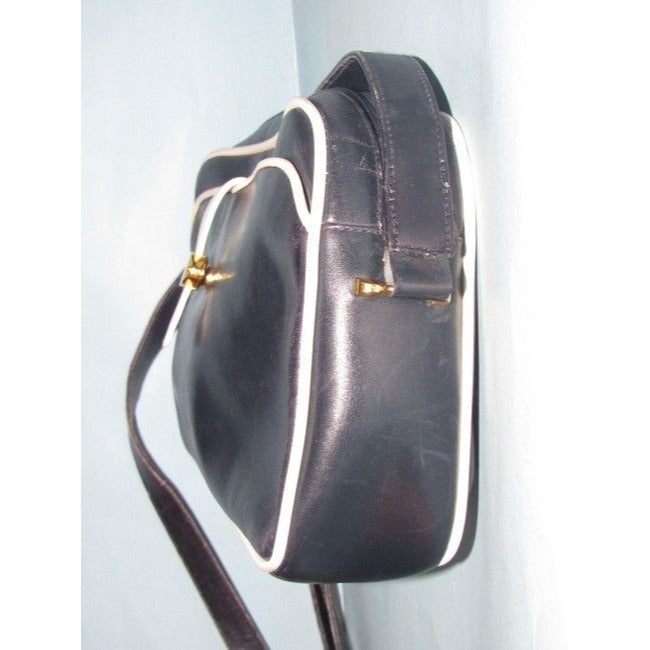 SALE! Gucci Navy Blue Leather With White Piping Shoulder Bag