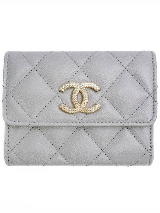 CC Logo Flap Caviar Leather Card Wallet Light Grey Chanel
