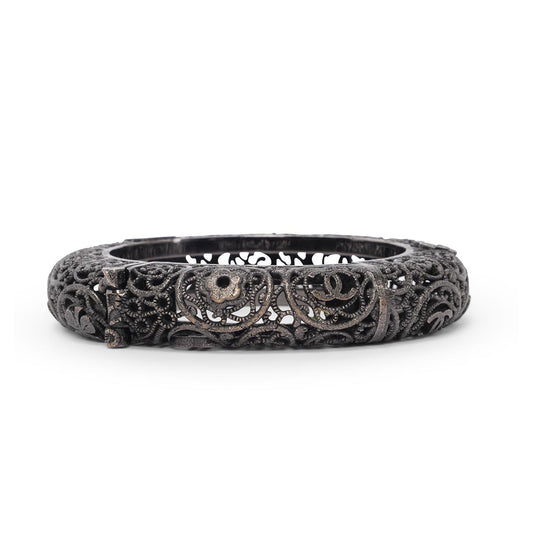 Chanel Blackened Metal Filigree Hinged Bracelet