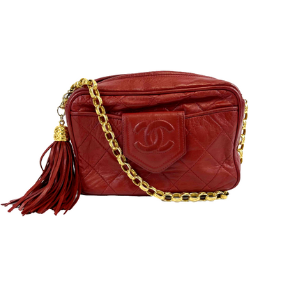 CHANEL Vintage CC Red Lambskin Gold Chain Tassel Camera Bag Crossbody