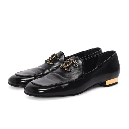 Chanel Black Glazed Goatskin Chain CC Loafers 41