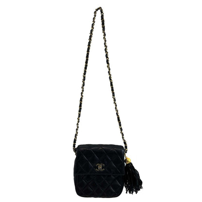 CHANEL Small Square New Leather Vintage Gold CC Tassel Black Crossbody Handbag