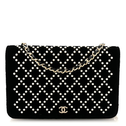 Velvet Pearl Diamond Embellished Wallet On Chain WOC Black