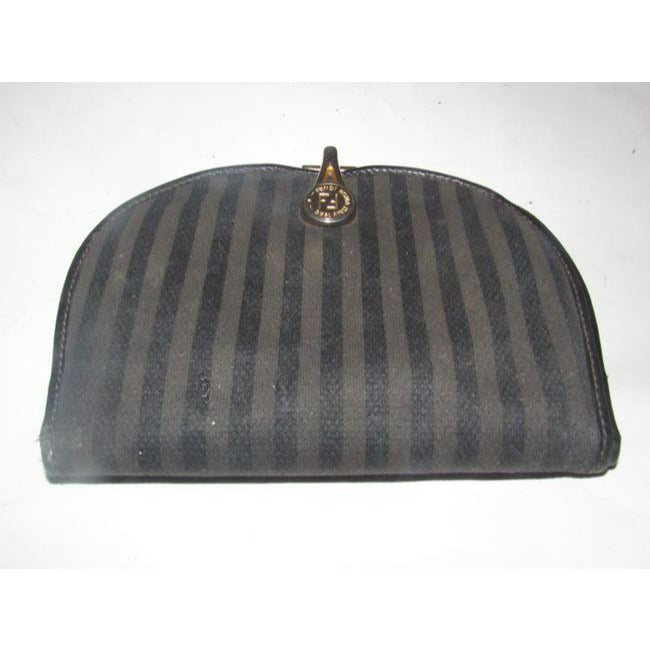 Fendi Black Grey And Brown Thin Striped Print Coated Canvas And Black Leather Vintage Wallet