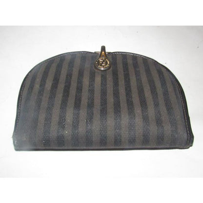 Fendi Black Grey And Brown Thin Striped Print Coated Canvas And Black Leather Vintage Wallet