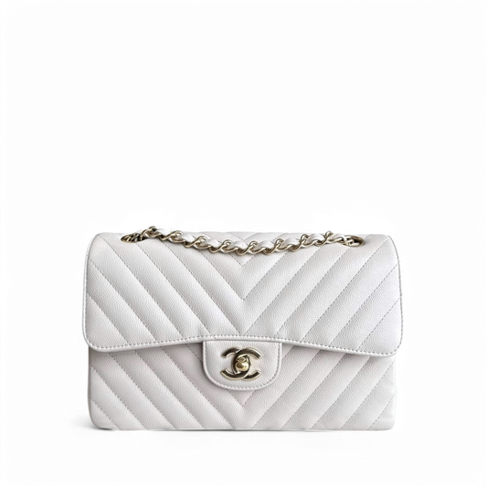 Chanel Classic Flap Small - Caviar 23CM Chevron Cream White Gold Hardware Series 26