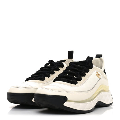 Velvet Calfskin Mixed Fibers CC Sneakers 37 Ivory Black