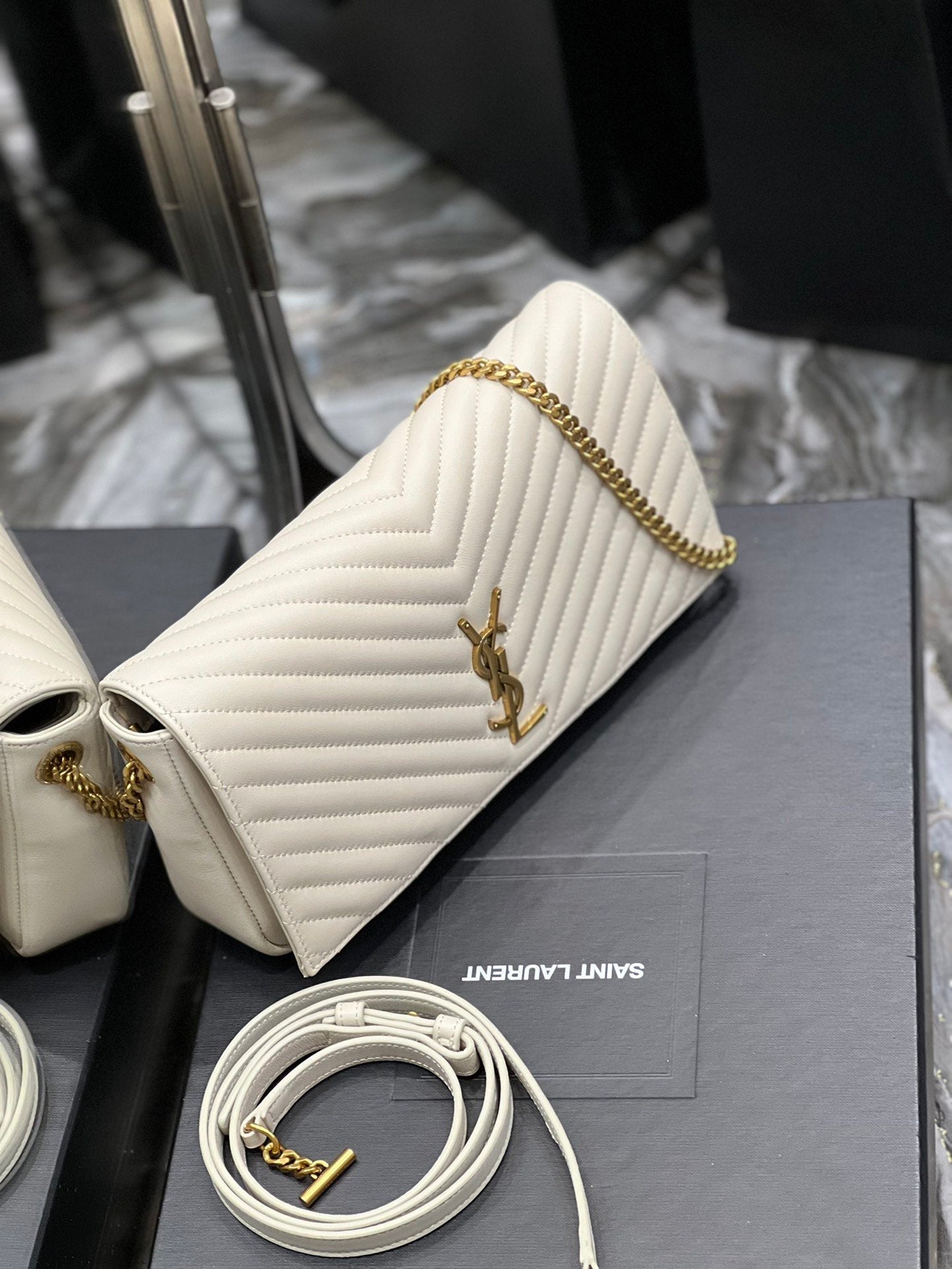 Yves Saint Laurent Kata 99 Chain Bag White With Gold Hardware  10.2in/26cm