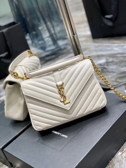 Yves Saint Laurent College Medium Chain Bag White Gold Toned Hardware