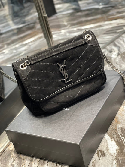 Yves Saint Laurent Niki Medium Chain Bag Black In Crinkled With Metal Hardware