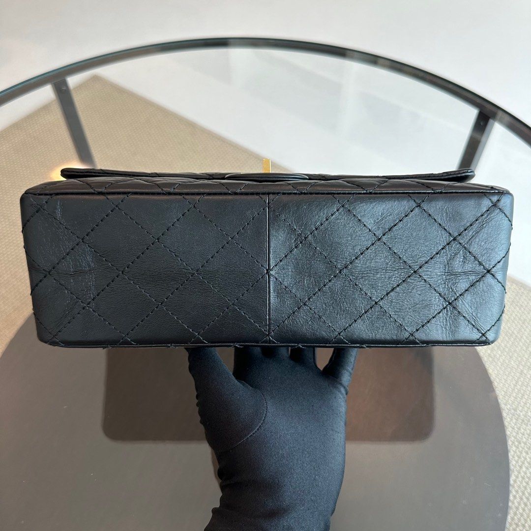 2.55 266 Medium 28CM Double Flap Quilted Aged Calfskin Black AGHW No 20
