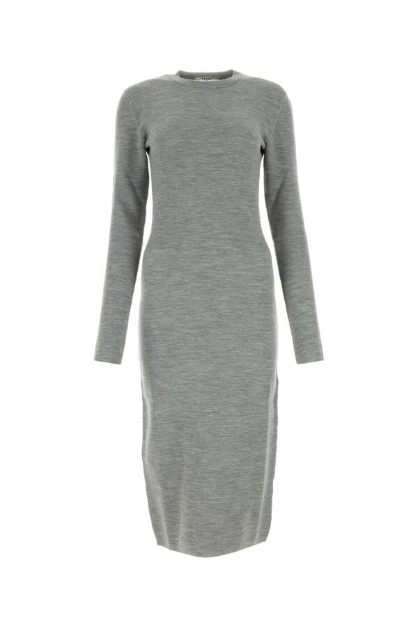 Fendi Woman Melange Grey Wool Blend Dress