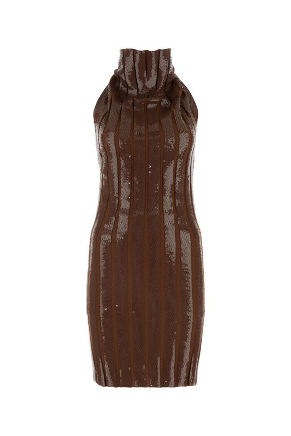 Fendi Woman Brown Wool And Sequins Mini Dress