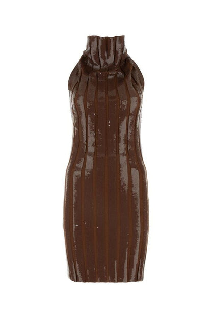 Fendi Woman Brown Wool And Sequins Mini Dress