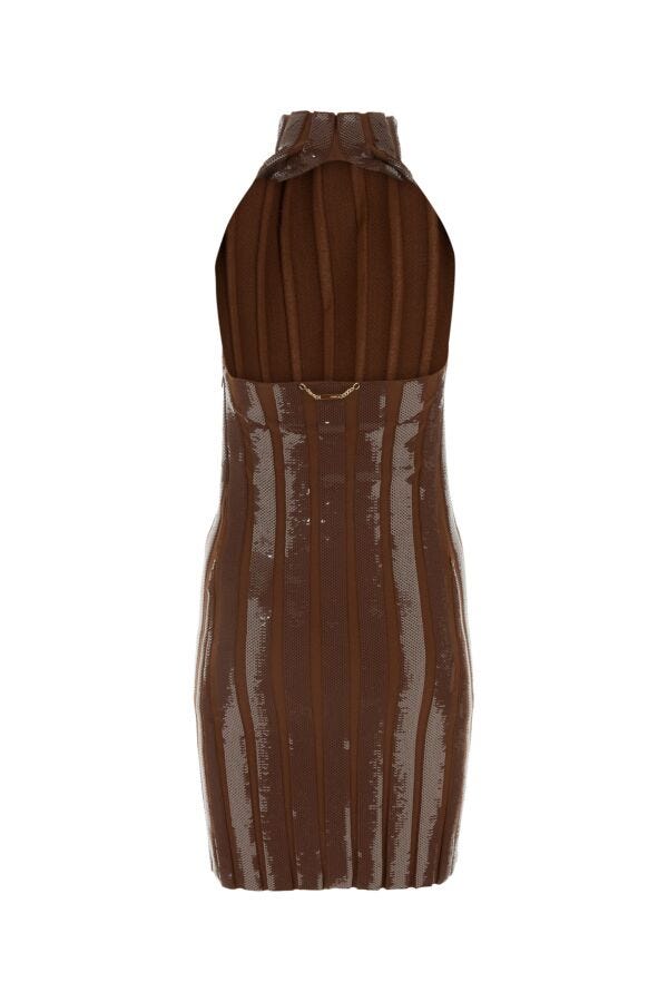 Fendi Woman Brown Wool And Sequins Mini Dress