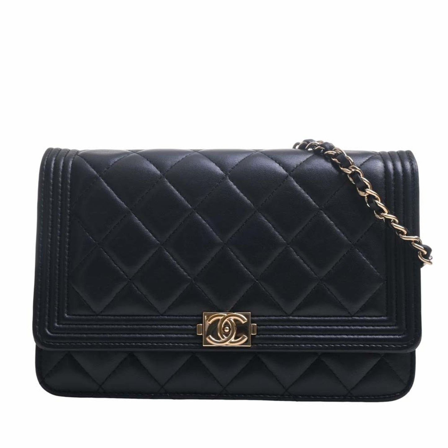 CHANEL Leather Boy  Coco Mark Chain Shoulder Long Wallet Black Ladies