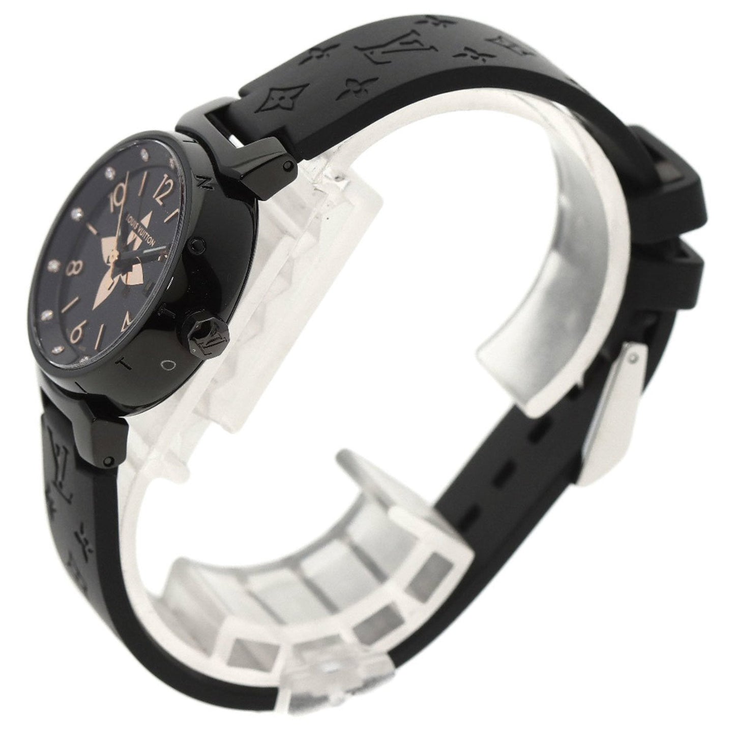 LOUIS VUITTON QA047 Tambour All Black PM 12P Diamond Watch Stainless Steel Rubber Ladies